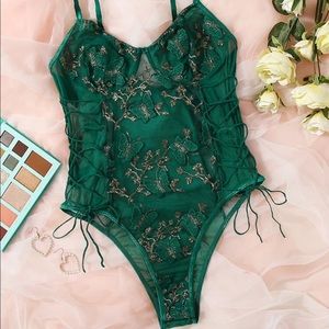 Embroidered Mesh Lace-Up Teddy Bodysuit
